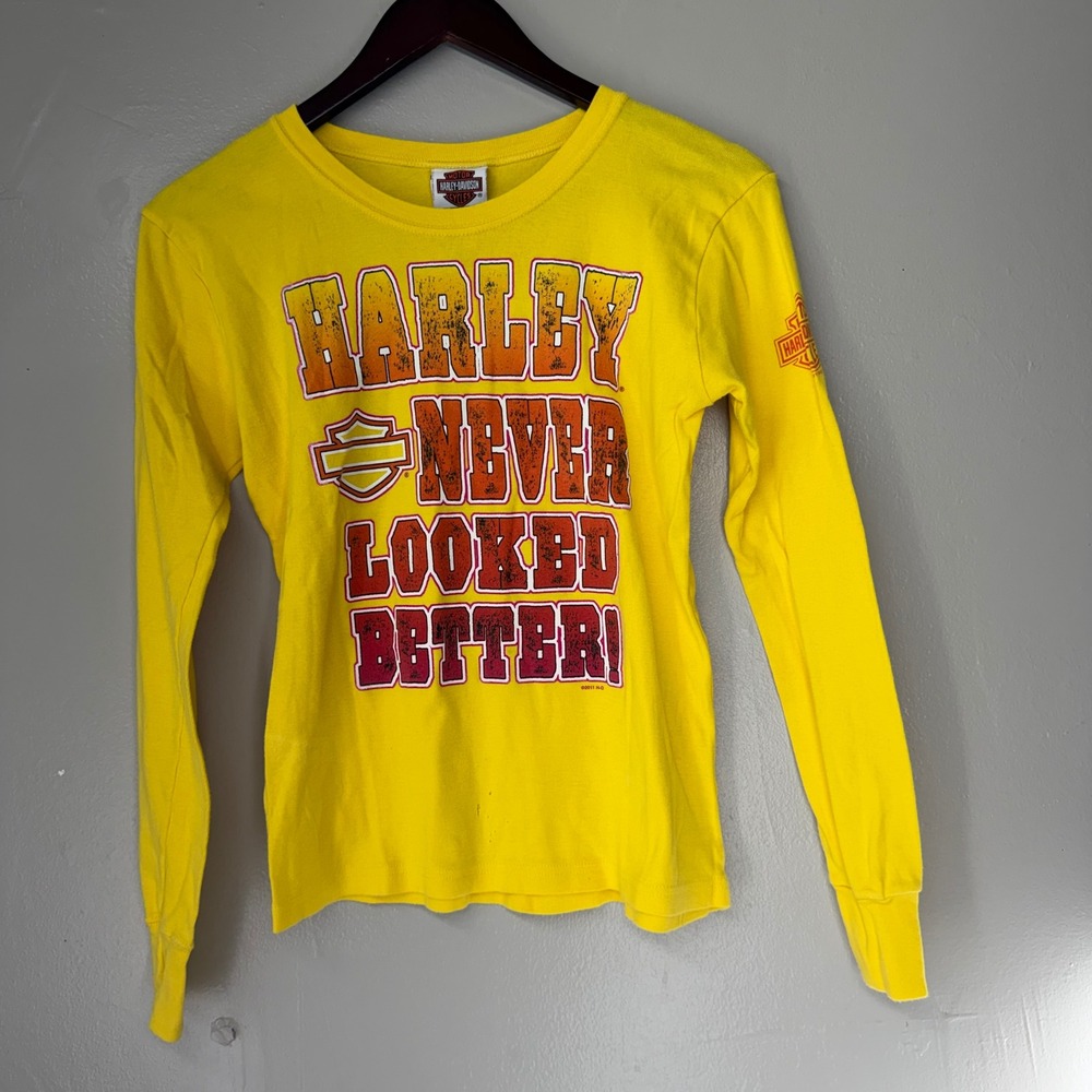 Harley Davidson Womens Yellow Long Sleeve Graphic T-Shirt Medium Made in USA NY